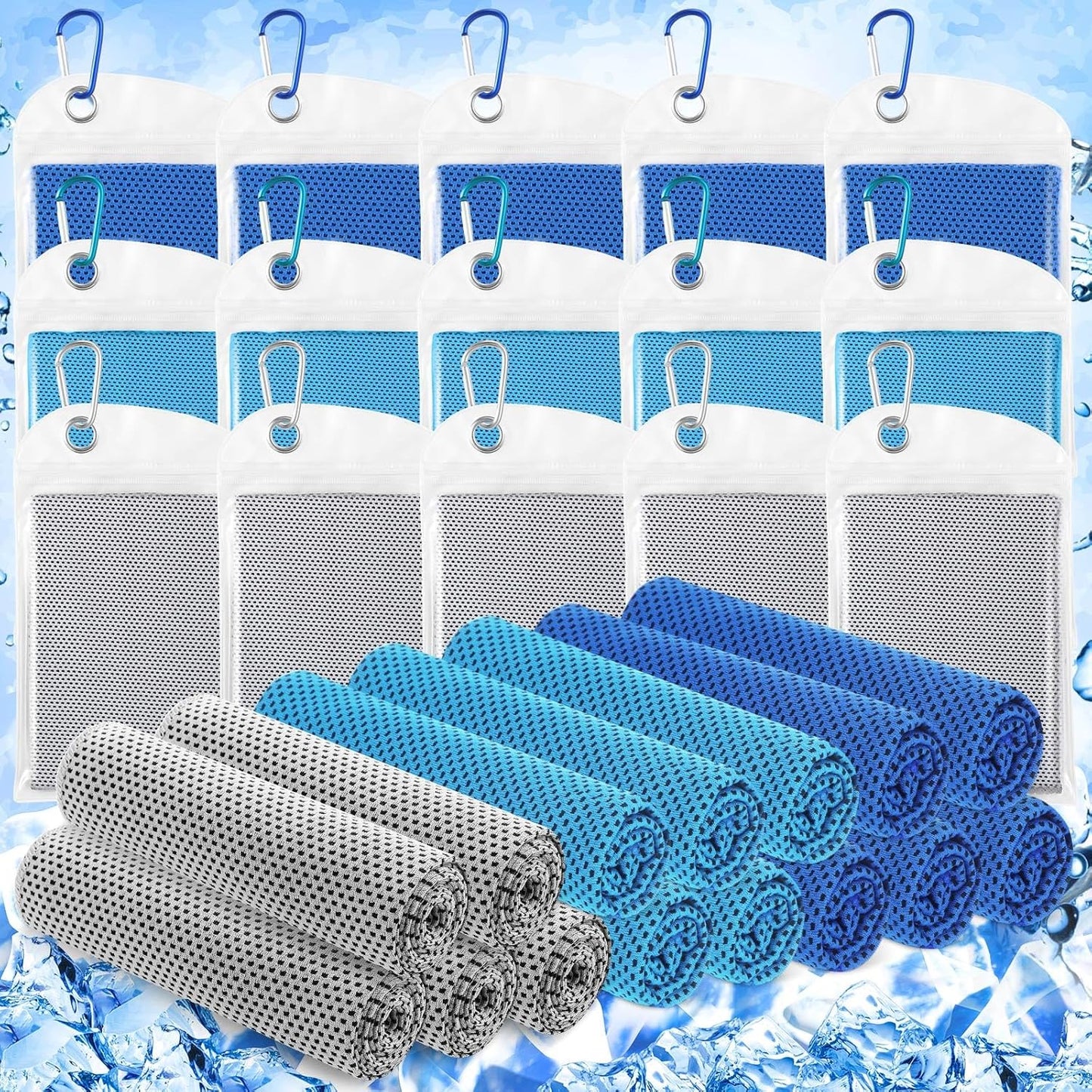 Hosuly 15 Pack Cooling Towels 40 x 12 Cooling Towels for Neck and Face Ice Towel Microfiber Soft Breathable Chilly Yoga Towel for Hot Weather (Dark Blue,Light Blue,Light Gray)