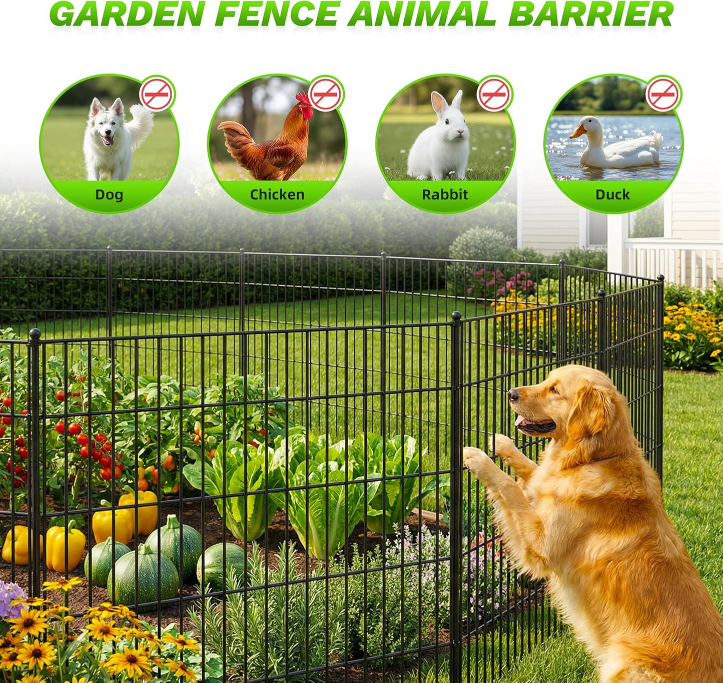 Toolterritary 10 Panels No Dig Decorative Garden Fence with Gate, 40in(H) x 25ft(L), Dog Fence Outdoor for Yard - Rustproof Metal Animal Barrier Fencing for Patio, Flower Bed, Ideal for Dogs, Rabbits