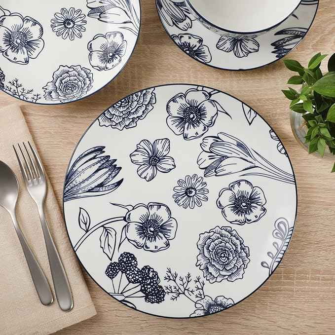 Gibson Home Westerly Court 16-Piece Dinnerware Set, Blue Floral Stoneware Plates & Bowls, Service for 4, Round Durable Everyday Dish Set