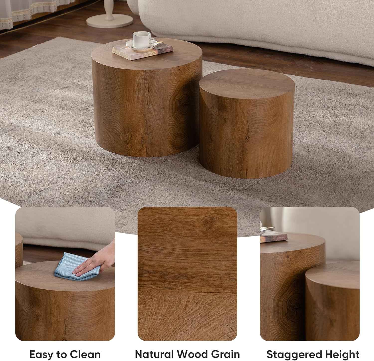 Nesting Round Coffee Table Set of 2, Accent End Table for Small Spaces, Morden Drum Side Table, Wooden Circle Center Table for Living Room, Fully Assembled - Light Walnut