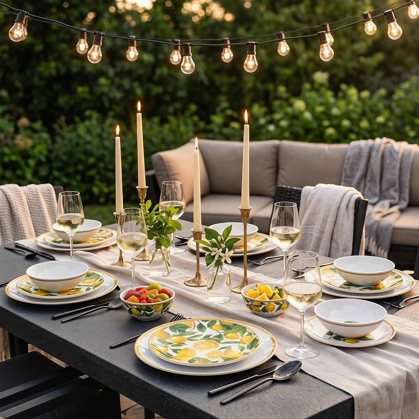 Melamine Dinnerware Sets- 12pcs Melamine Plates and Bowls Set for 4,Indoor and Outdoor Dinnerware, Lemon dinnerware set