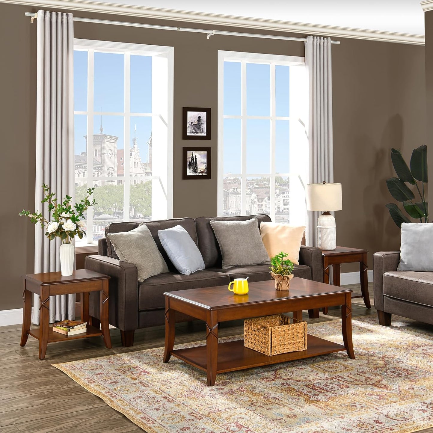 Solid Wood Coffee Table with Storage Shelf, Mid-Century Living Room Tables with Carved Tabletop and Leg, 43.3” Splicing Cocktail Center Sofa Table, Cherry Brown KFZ-DR200