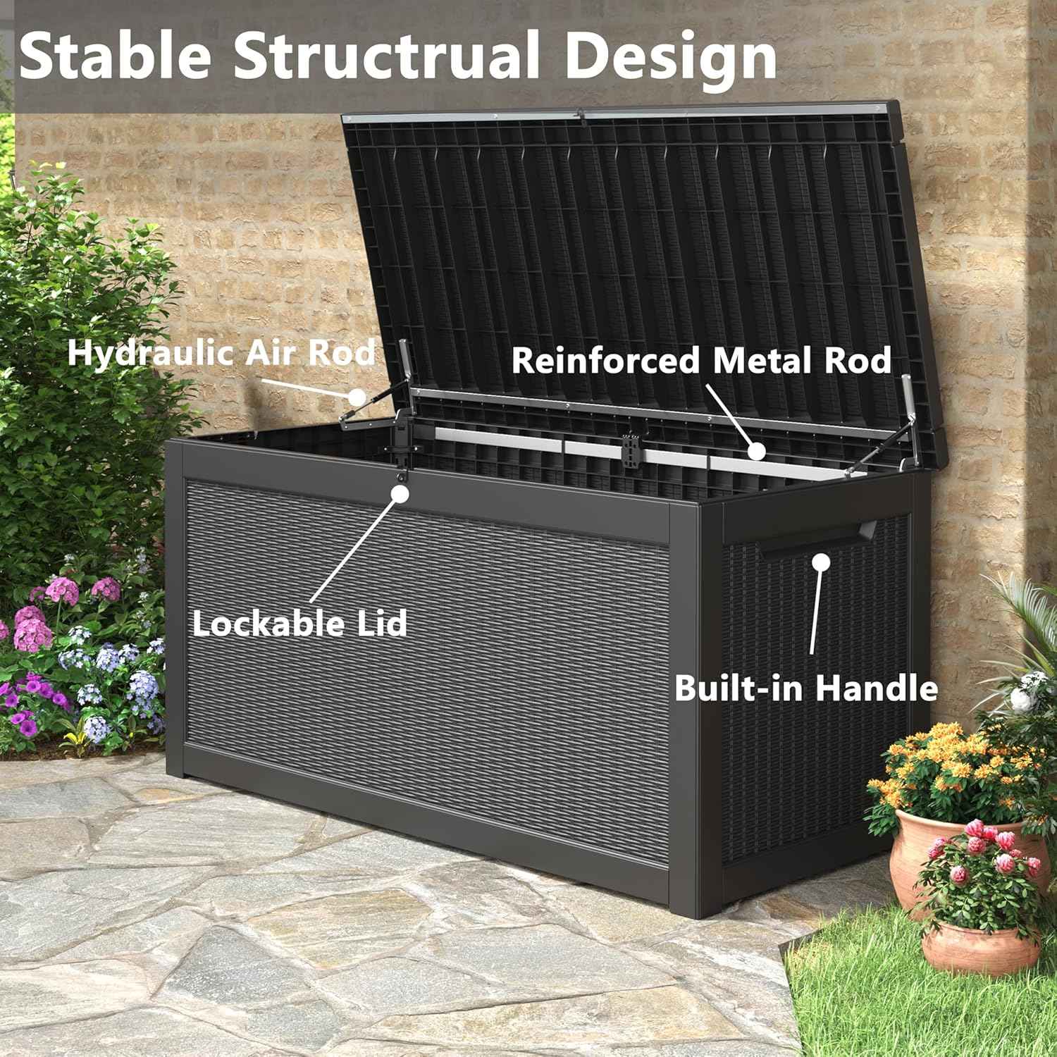 320 Gallon Outdoor Storage Box, Resin Deck Boxes Outdoor Waterproof For Patio Furniture, Garden Tools, Pool Supplies, Lockable And UV Resistant (Rattan Black)