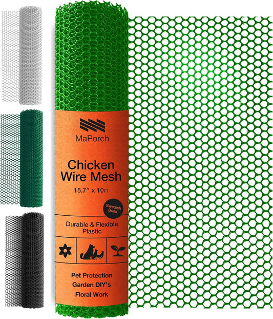 MaPorch Plastic Wire Mesh Fence - Green, 15.71" x 10 ft - Plastic Chicken Wire Fencing for Dogs, Rabbits & Poultry - Chicken Netting - Snake Barrier - Balcony Netting for Pets - Balcony Cat Barrier