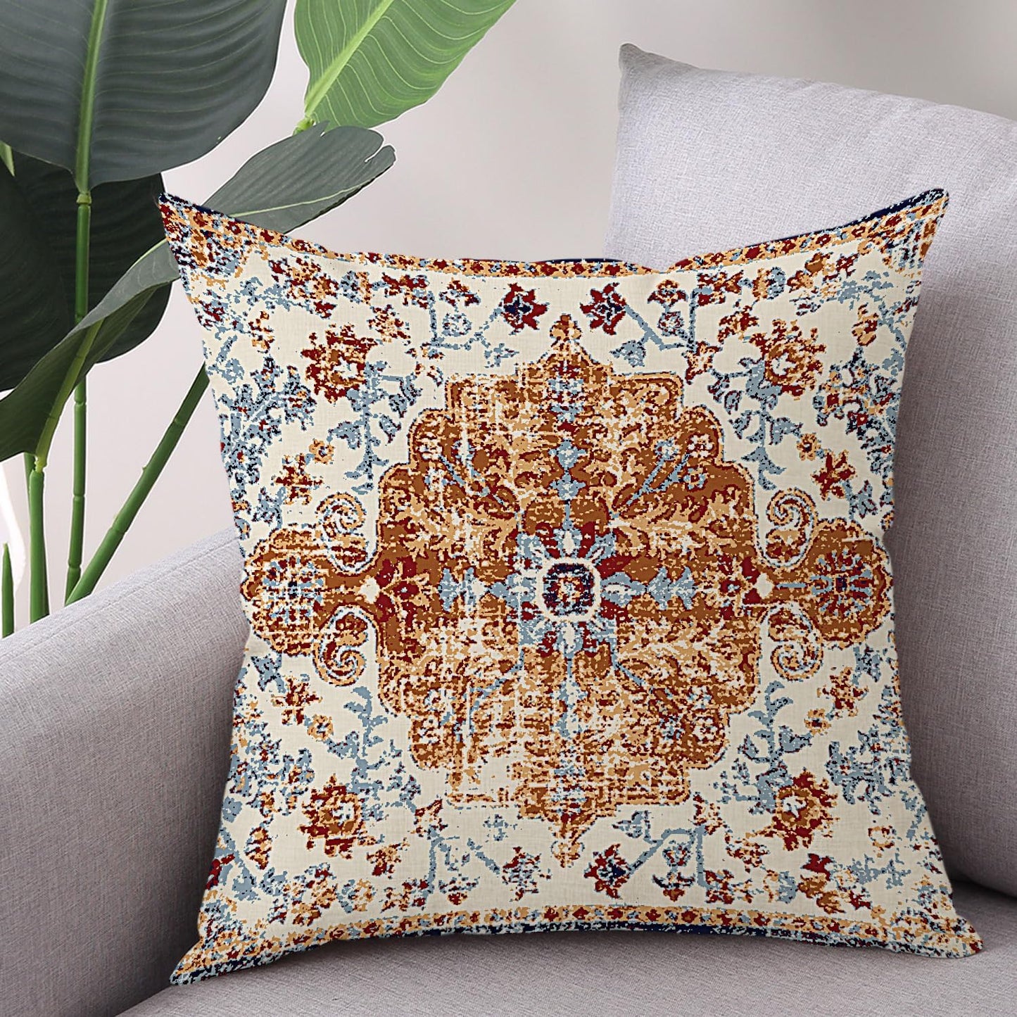 Outdoor Waterproof Pillow Set of 2 - 18X18 Inch Bohemian Vintage Carpet Pattern Pillow Covers in Brown and Blue Ethnic Design for Decorative Farmhouse Couch, Garden, Balcony