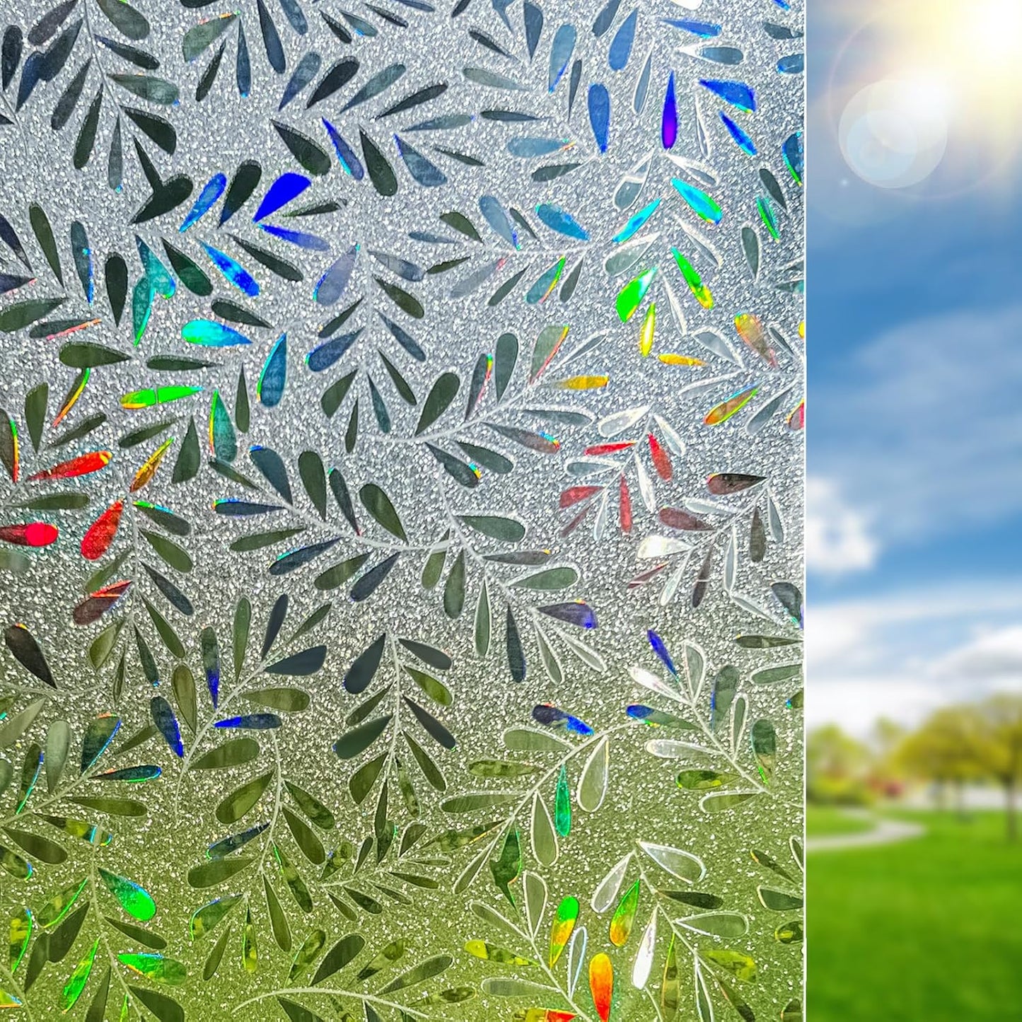 DUOFIRE Window Privacy Film Rainbow Window Film Decorative Leaves Pattern Window Cling Frosted Reusable Anti-UV Non-Adhesive Static Cling Privacy Film for Home Office 35.4 × 78.7 inches