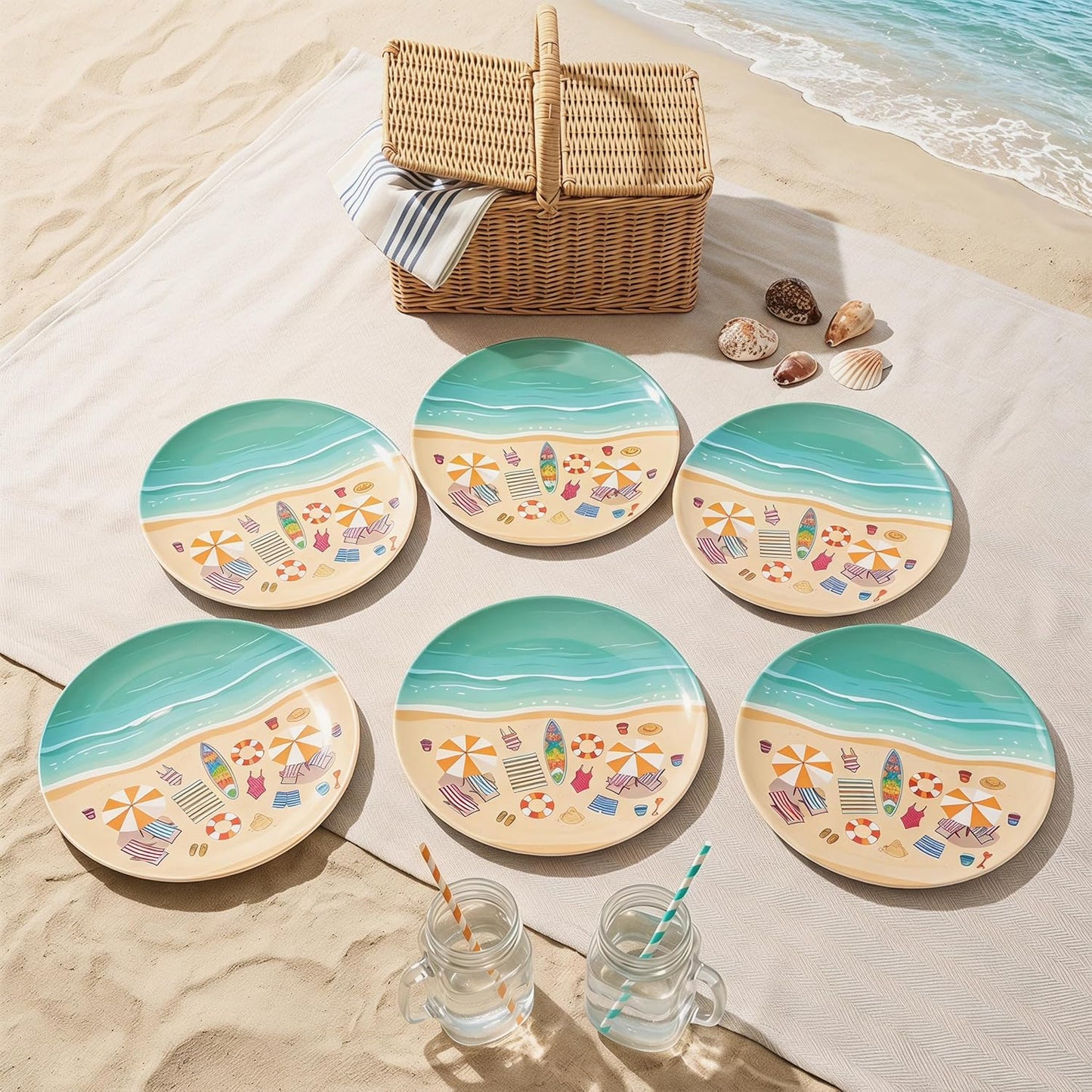 Melamine Plates Set of 6, 10-Inch Unbreakable Melamine Dishes, Reusable Dinner Plates Set, Dishwasher Safe Outdoor Dinnerware for for Poolside, Picnic, RV,Camping Party（Summer Beach ）