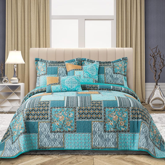 VAPUTAR Cotton Quilt Queen Size Bedding Set - 3 Pieces Queen Quilt Bedding Set, Boho Queen Size Quilts, Lightweight Reversible Coverlets Bedspreads for Farmhouse Bedroom (Teal/Green Chic)