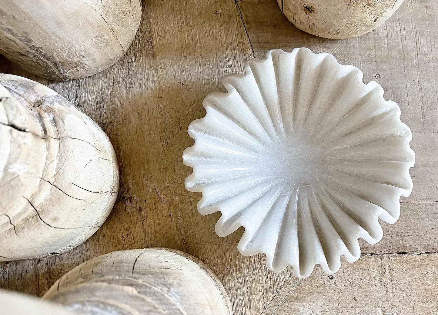 Handmade Marble Scalloped Bowl - 7 inches/Decorative Ruffle Home Decor Bowl/Natural Stone Ruffle Dish/Handcrafted White Marble Dish (7 Inches)