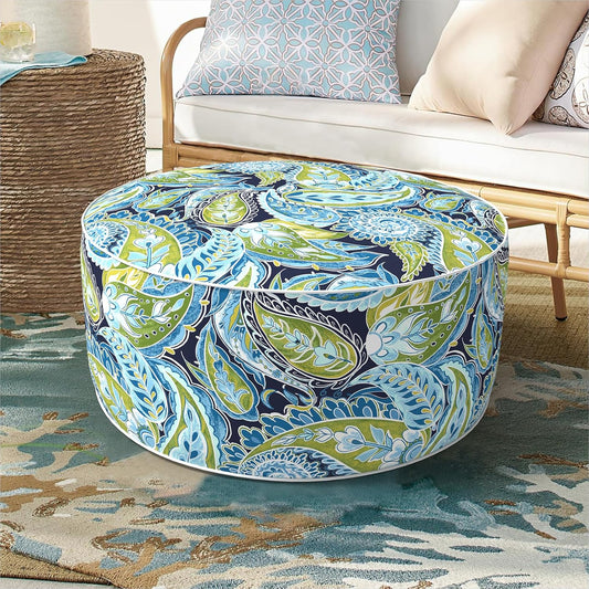 Inflatable Ottoman Stool D21 xH9 for Outdoor/Indoor Use, Water Repellent Patio Foot Rest with Portable Handle,Round Pouf Ottoman Suitable for Garden,Deck and Camping - Paisley Lapis Green
