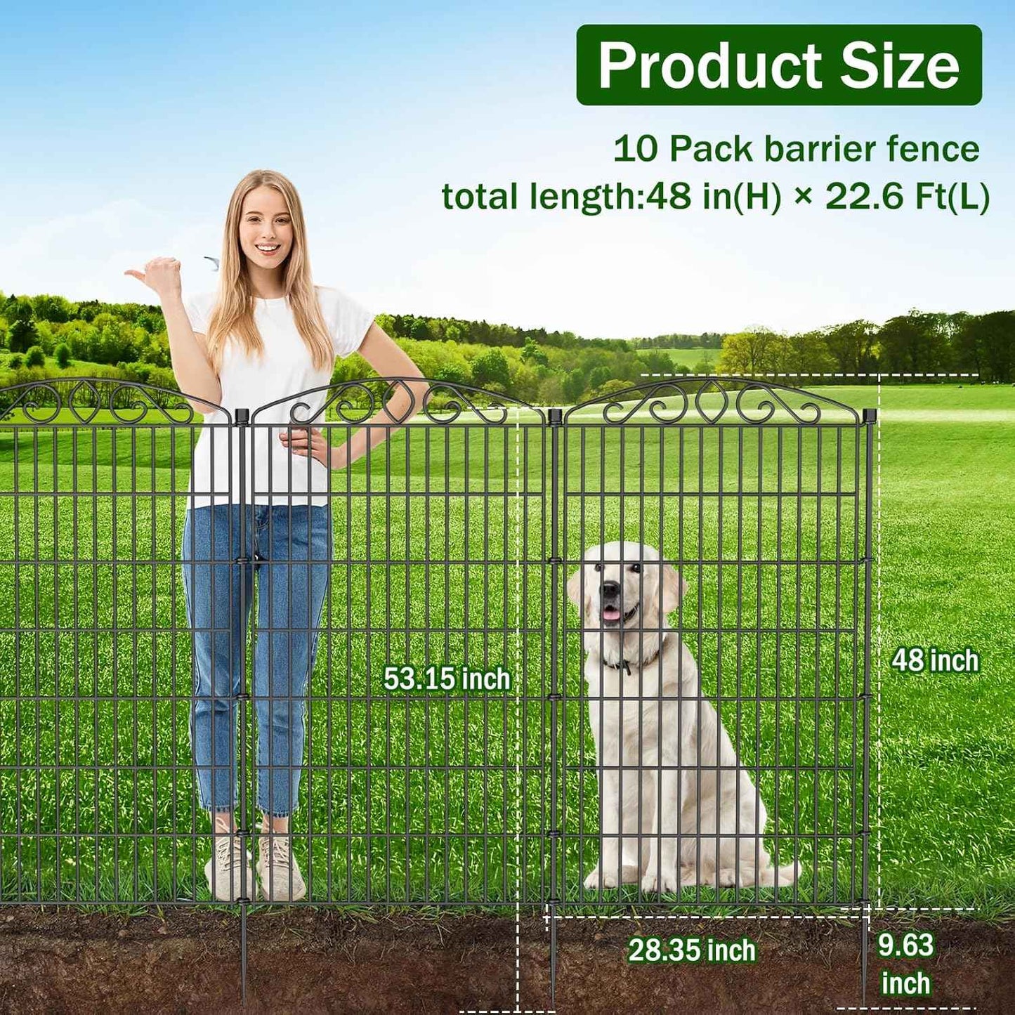 10 Panel No Dig Decorative Garden Fence with Gate - 48in H x 22.6 ft L,Dog Fence Outdoor for Yard,Tall Animal Barrier for Dogs Rabbits, Rustproof Metal Wire Panels for Yard,Patio, Flower Bed