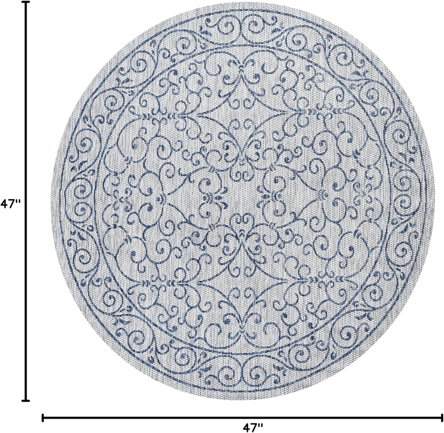 JONATHAN Y Vintage Filigree Indoor Outdoor Round Area Rug 4 Ft Gray/Navy, Charleston Textured Weave for Backyard, Patio, Porch, Easy-Cleaning, High Traffic, Pet-Friendly, Non-Shedding (SMB106C-4R)