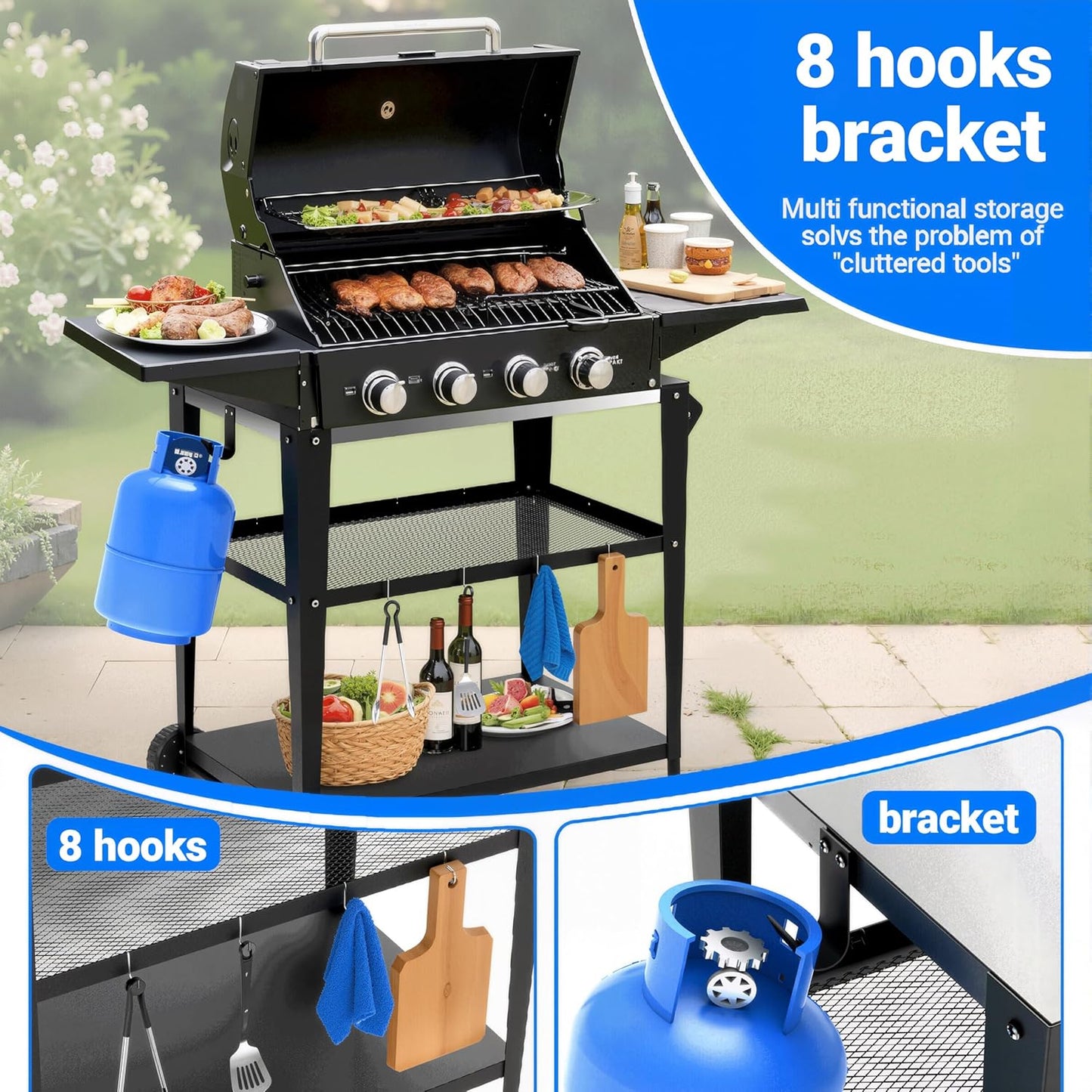 3-Shelf Outdoor Grill Table & Pizza Oven Cart with Wheels, Stainless Steel BBQ Prep Table with Hooks, Mobile Grill Stand for Blackstone/Ooni (Stainless Steel)