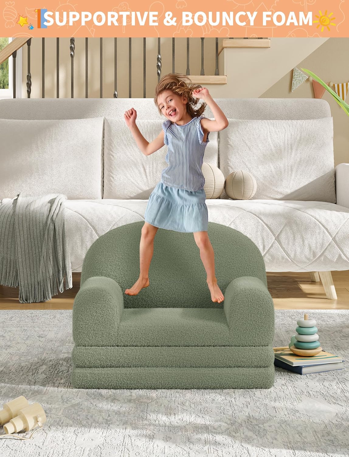 GarveeHome Kids Couch, 2-in-1 Comfy Toddler Couch Fold Out, Convertible Sofa to Lounger Foam Kids Chair with Soft Sherpa, Gift for Girls and Boys (Green Moon)