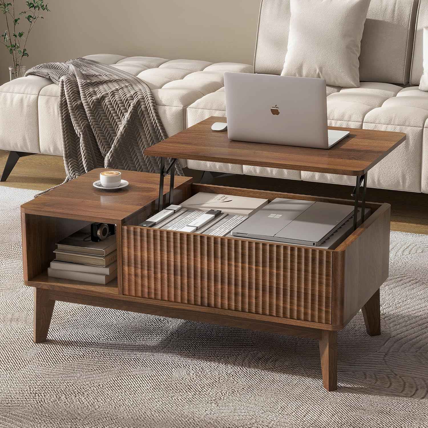 LYNCOHOME Fluted Lift Top Coffee Table with Storage, Modern Coffee Table for Living Room, Home Office（Walnut）