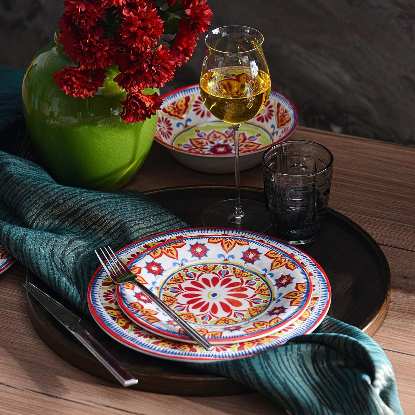 Premium Melamine Dinnerware Sets for 4, 12-Piece Plates and Bowls Sets, Shatterproof & Lightweight Dish Set for Indoor and Outdoor Use, Dishwasher Safe, Boho Red