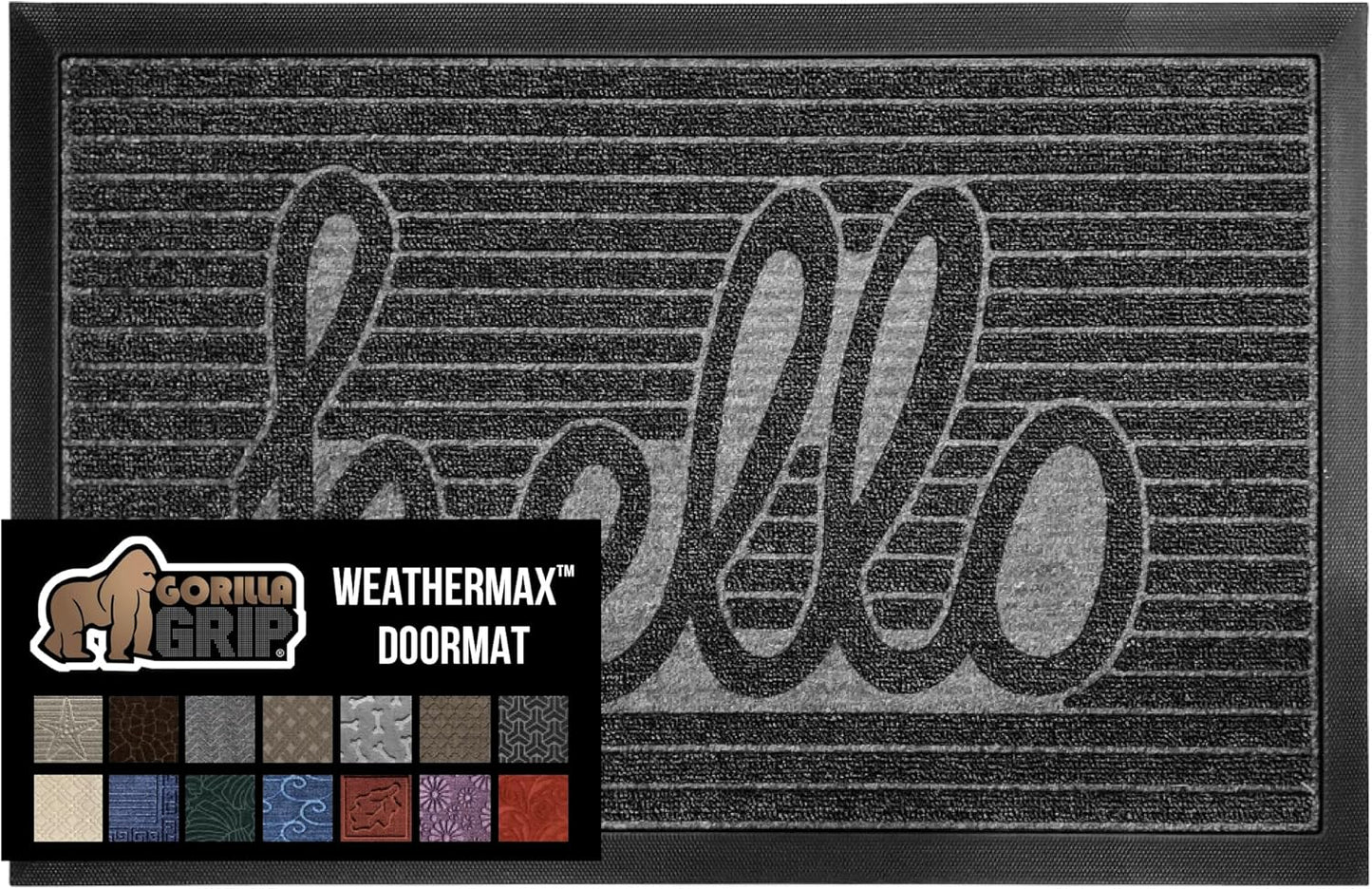 GORILLA GRIP 100% Waterproof All-Season WeatherMax Doormat 35x23, US Designed Natural Rubber, Stain and Fade Resistant, Low Profile Indoor Outdoor Door Mats, Easy Clean Patio Mat, Charcoal Hello
