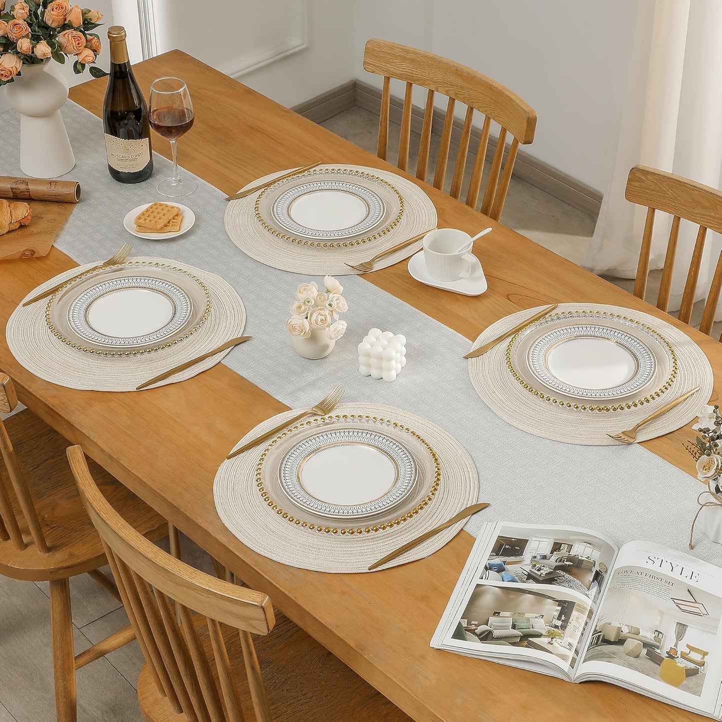 Leetaltree Round Placemats Heat and Slip Resistant Cotton Table Mats, Washable Bohemian Placemats for Dining Tables (White Beige, Set of 12)