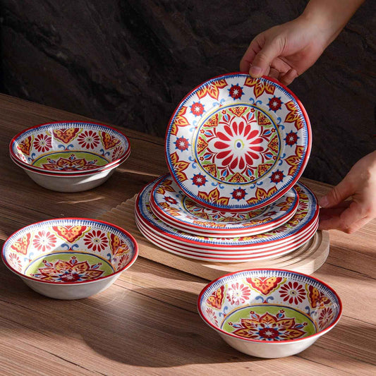 Premium Melamine Dinnerware Sets for 4, 12-Piece Plates and Bowls Sets, Shatterproof & Lightweight Dish Set for Indoor and Outdoor Use, Dishwasher Safe, Boho Red