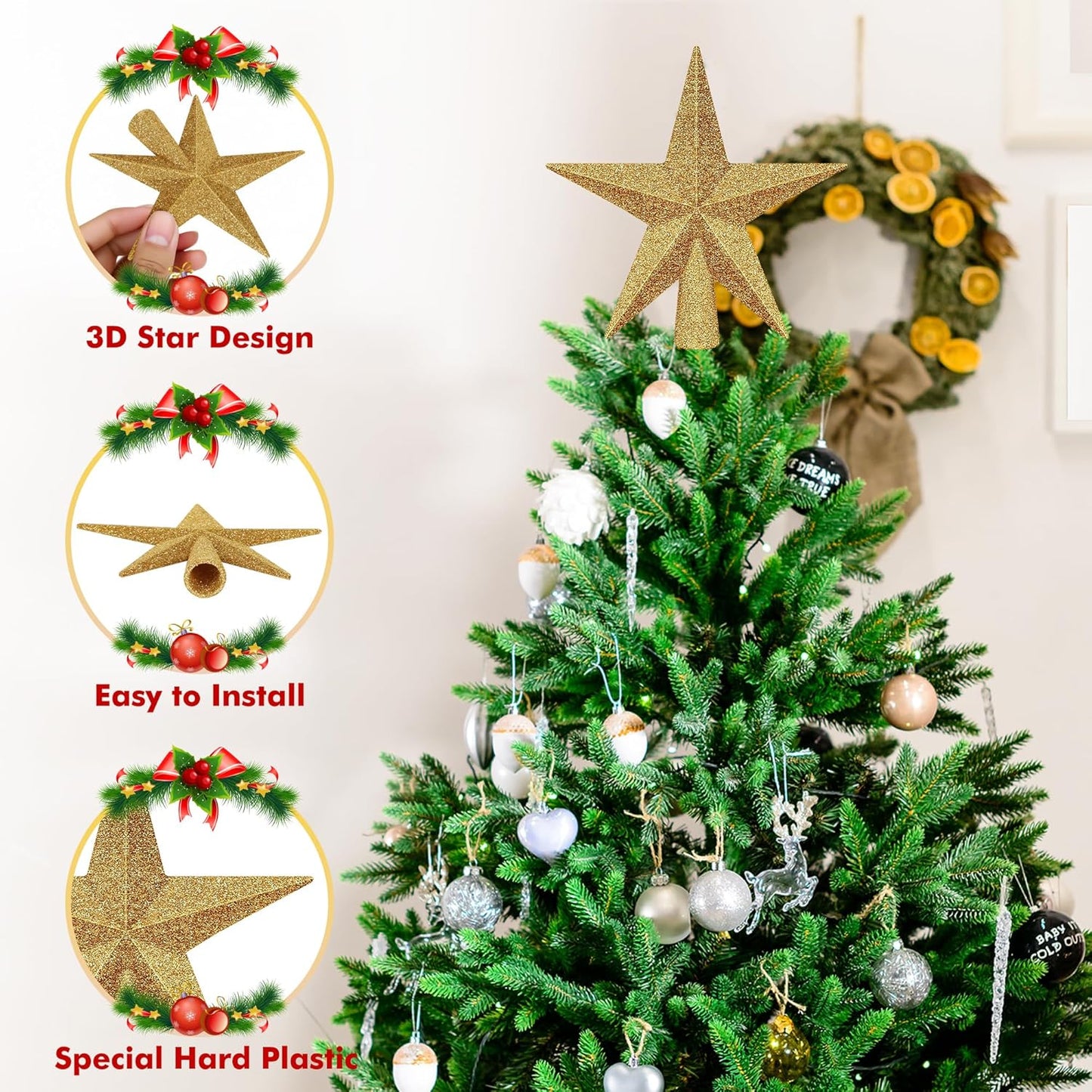 Christmas Tree Topper, 1PCS 4" Gold Glitter Star Tree Topper, 3D Xmas Shatter-Proof Mini Bethlehem Star Tree Topper Decorations, Waterproof Christmas Decor for Holiday Home Outdoor Ornament