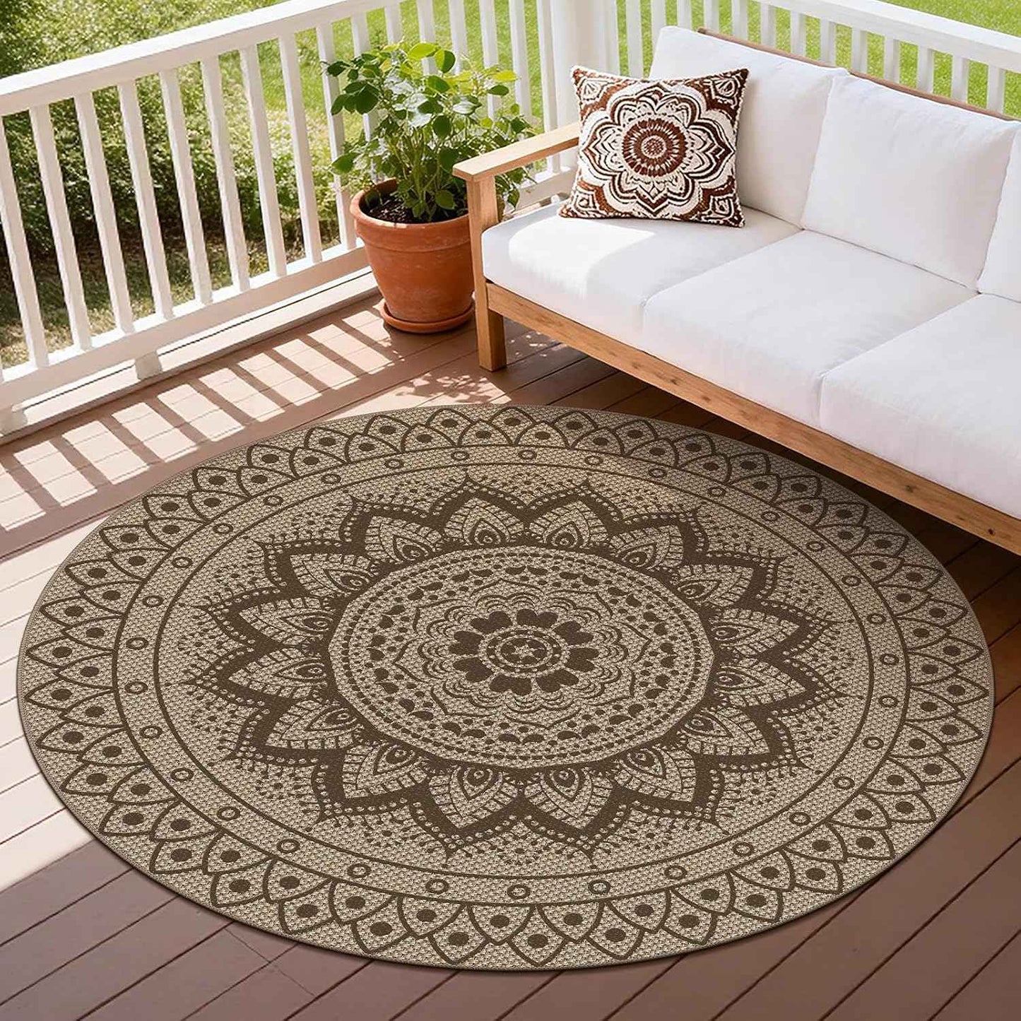 Easy Jute Outdoor Round Rug, 5ft Washable Indoor Outdoor Patio Rug, Brown Non Slip Round Area Rug Farmhouse, Boho Carpet for Backyard Patio