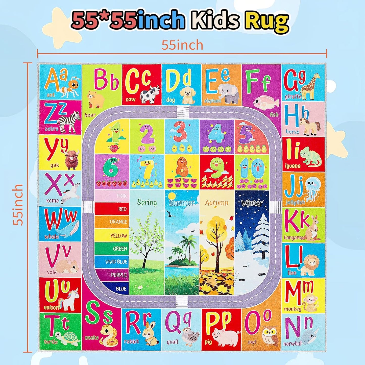 UKISS ABC Kids Rug,Toddler Educational Play Rug for Learning Alphabet, Numbers, Colors, Seasons and Animal Words,55"x55"Washable Classroom Area Rugs,Non-Slip Kids Play Mat Carpet for Playroom
