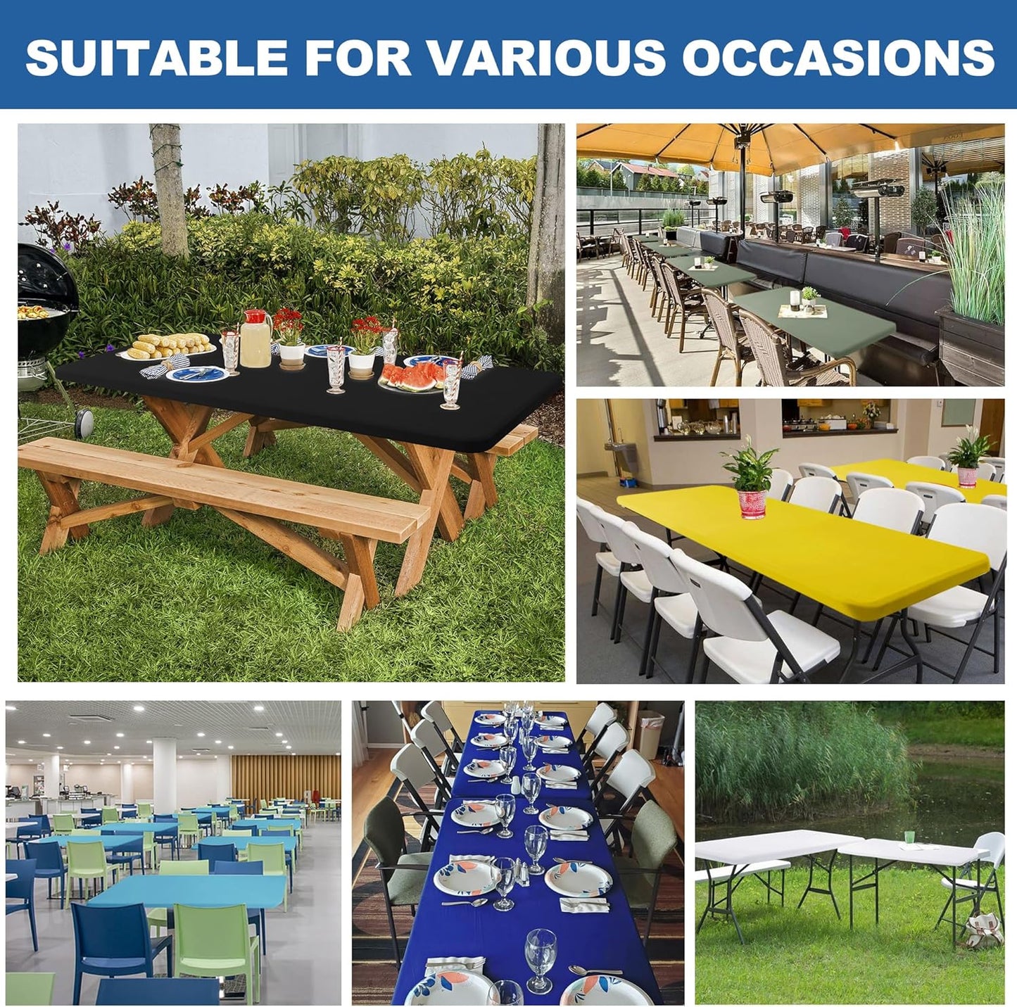 Fitted Tablecloth for 6 Foot Rectangle Tables-6 Pack Black Elastic Outdoor Picnic Table Cover-Spandex Stretch Folding Table Cloths 6 ft for Camping Dining Room Patio Kitchen Banquet Party