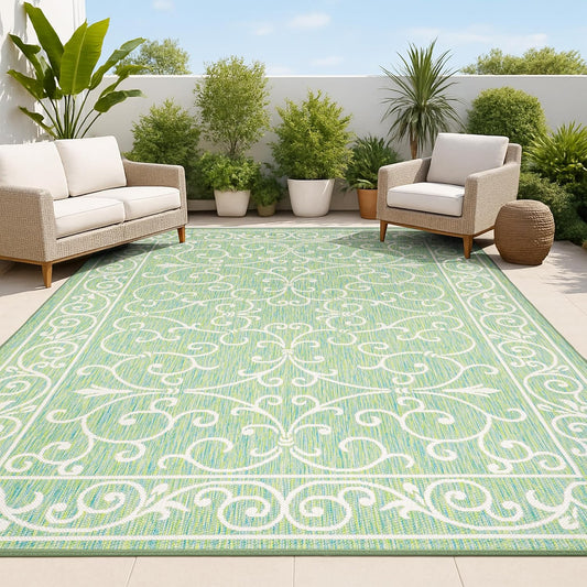 JONATHAN Y Vintage Filigree Indoor Outdoor Area Rug 9X12 Green/Ivory, Charleston Textured Weave for Backyard, Patio, Porch, Easy-Cleaning, High Traffic, Pet-Friendly, Non-Shedding (SMB106K-9)