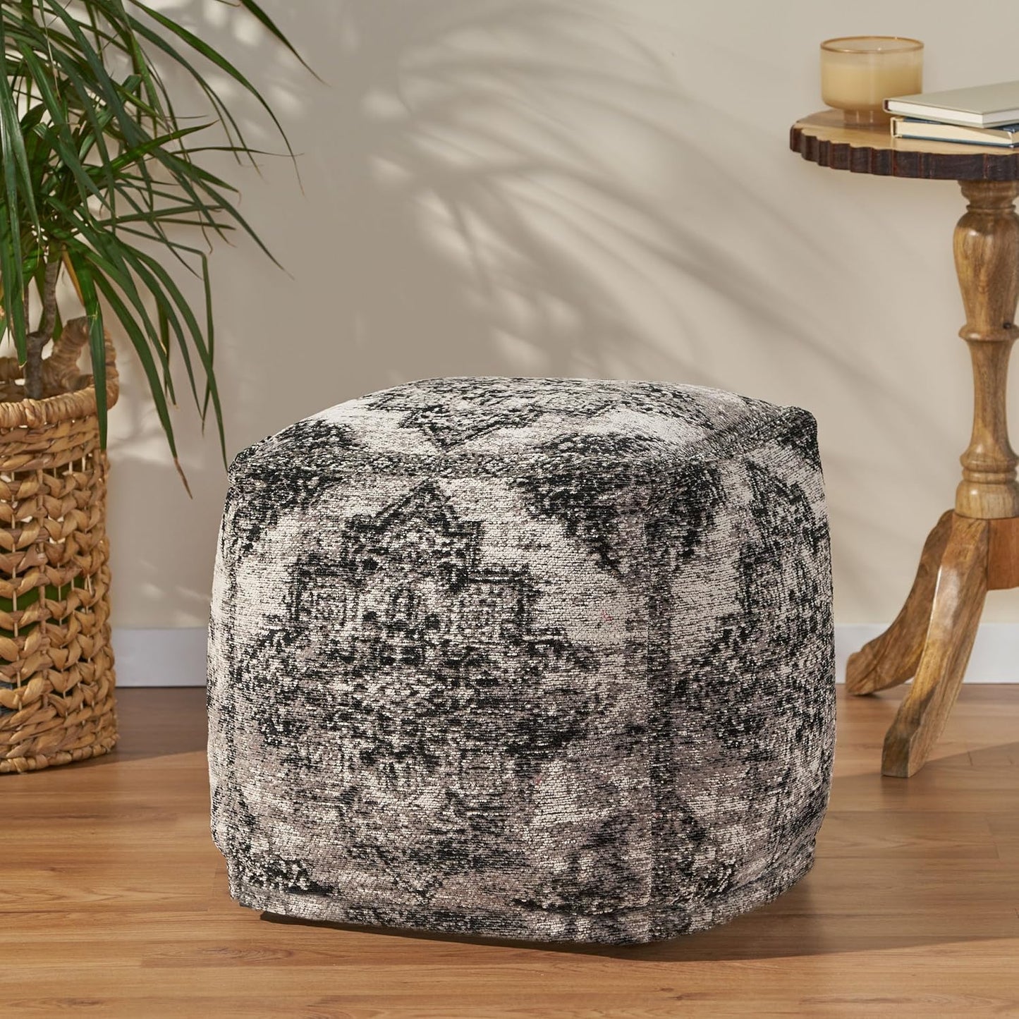 GDFStudio Boho Handmade Fabric Cube Pouf Ottoman Foot Stool - Bean Bag Floor Chair - Foot Rest Couch for Living Room Bedroom,Black and Beige,16"" x 16"" x 16"", 312604N