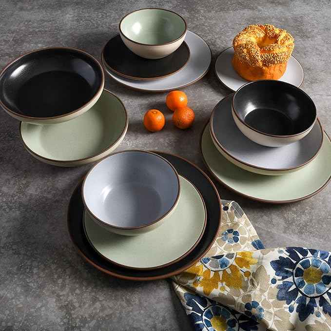 Gibson Elite Contempo Classic Double Bowl Dinnerware Set, Service for 4 (16pcs), Black