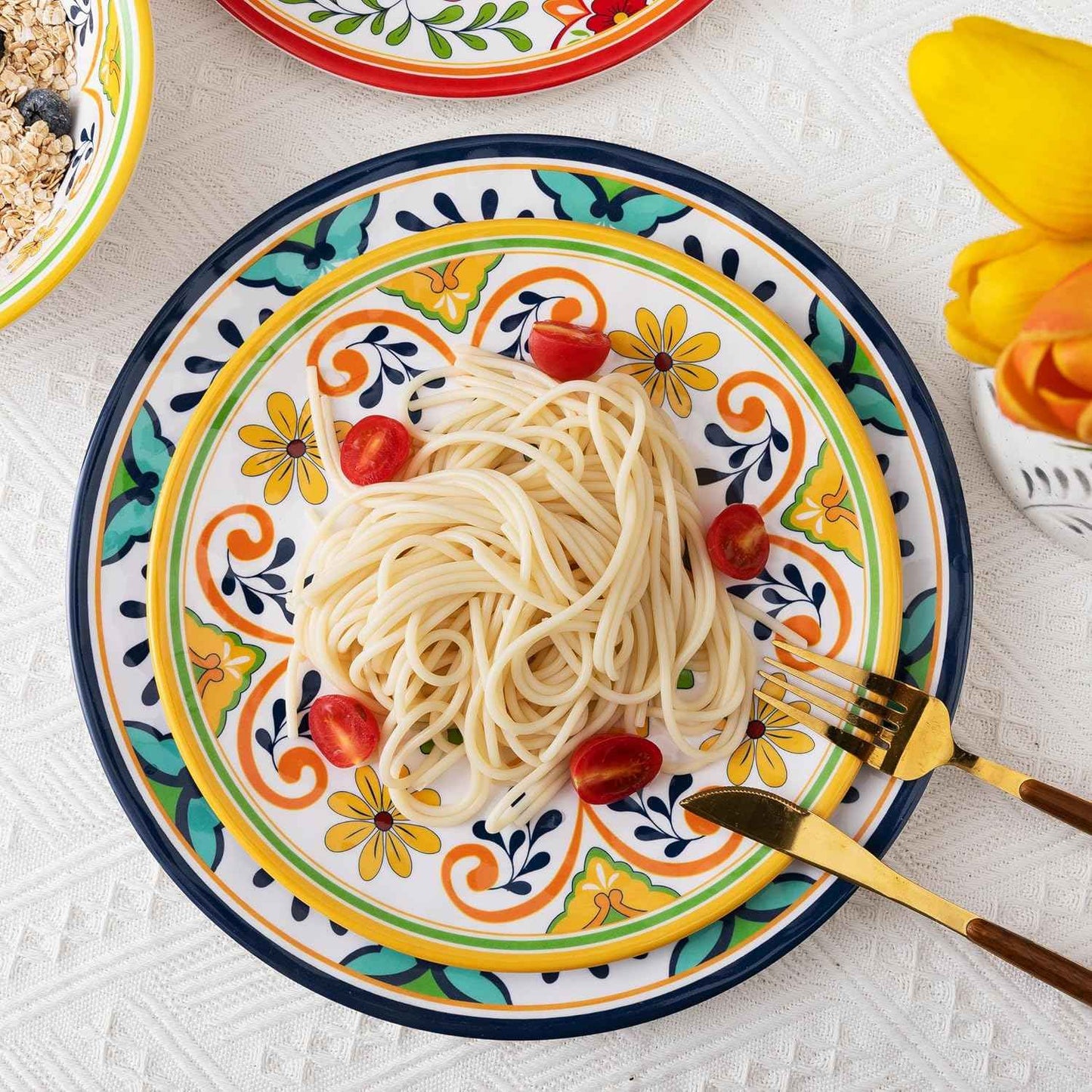 12 pcs Talavera Melamine Dinnerware Set, Service for 4 Melamine Plates and Bowls Set, Unbreakable Dishes Dinnerware Set, Great for RVs, Camping, BPA Free and Dishwasher Safe