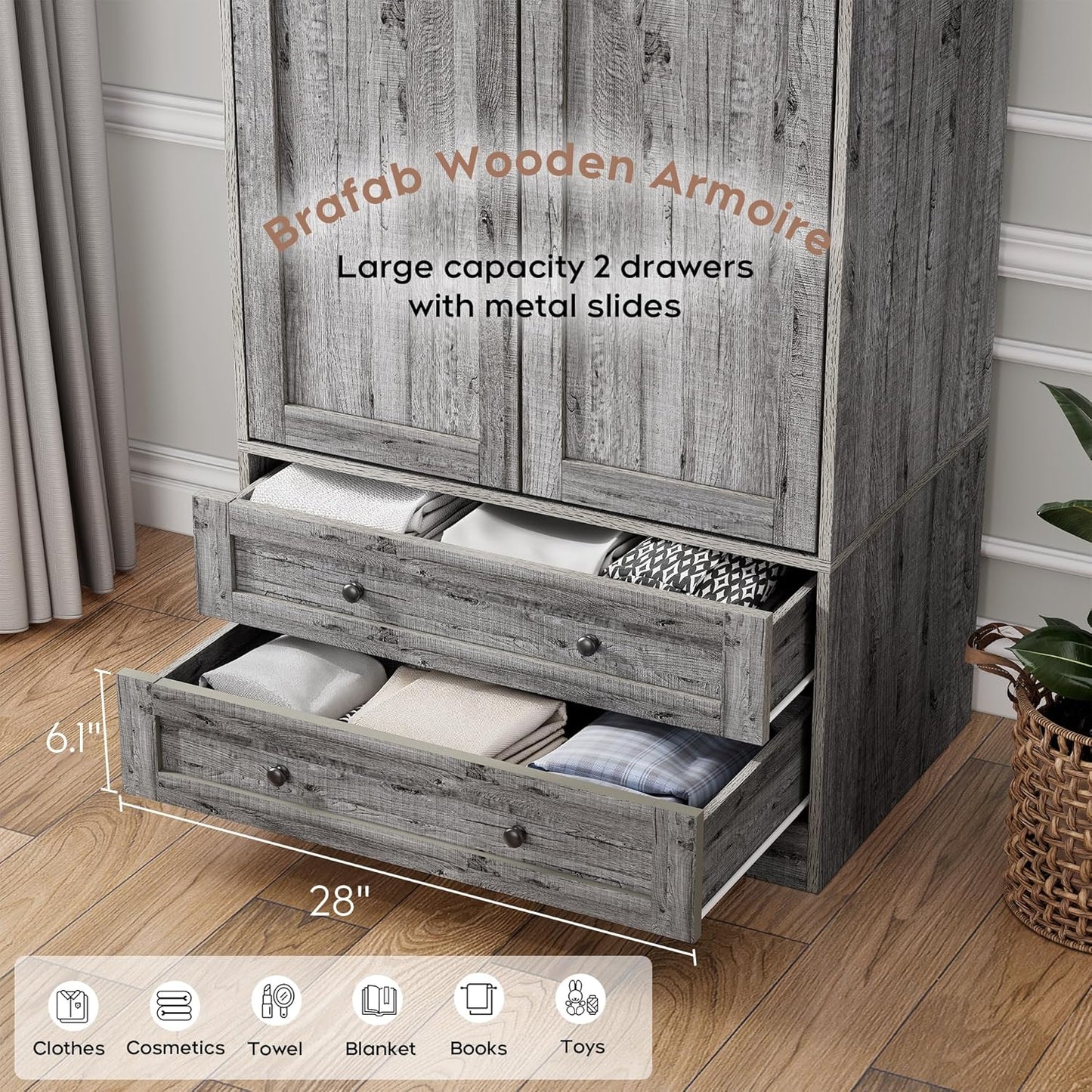 Brafab Armoire Wardrobe Closet with 2 Modern Doors, 71" Tall Freestanding Closet Wardrobe Cabinet with Drawers and Hanging Rail, Light Wooden Storage Cabinet with Shelve for Bedroom (Grey, 4 Doors)