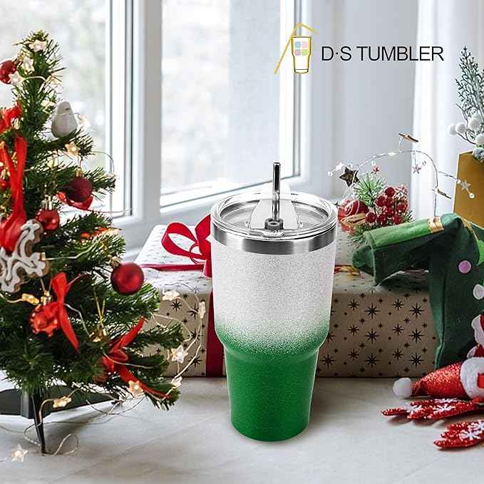 D·S 30 oz Tumbler Christmas Green Glitter Gradient Cup Stainless Steel Double Wall Vacuum Insulated Mug with Straw and Lid, Cleaning Brush for Cold and Hot Beverages