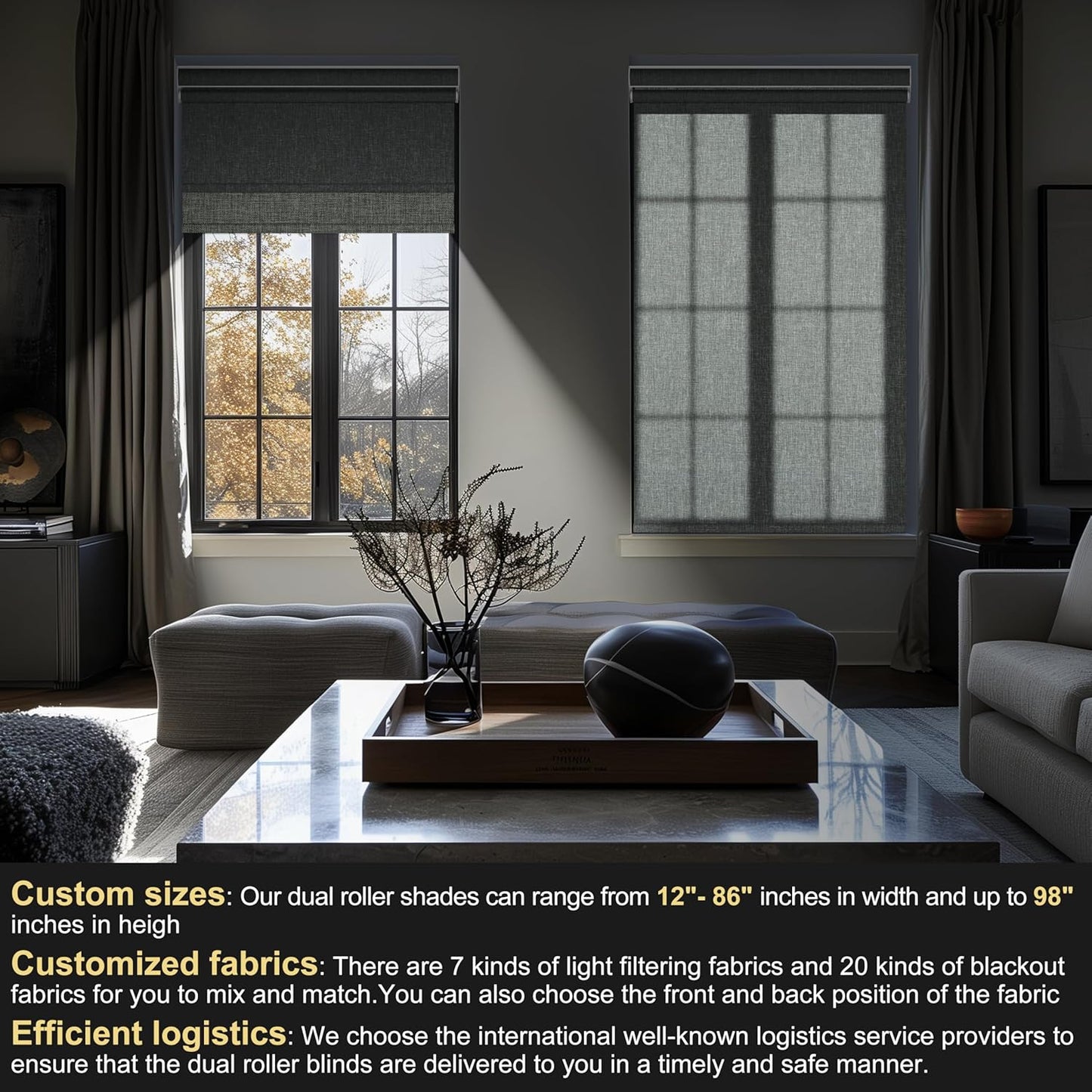 BERISSA Dual Roller Shades with Cassette Valance, Blackout and Light Filtering, Day and Night Shades for Home Office Door. Linen Grey. 26 W x 80" H