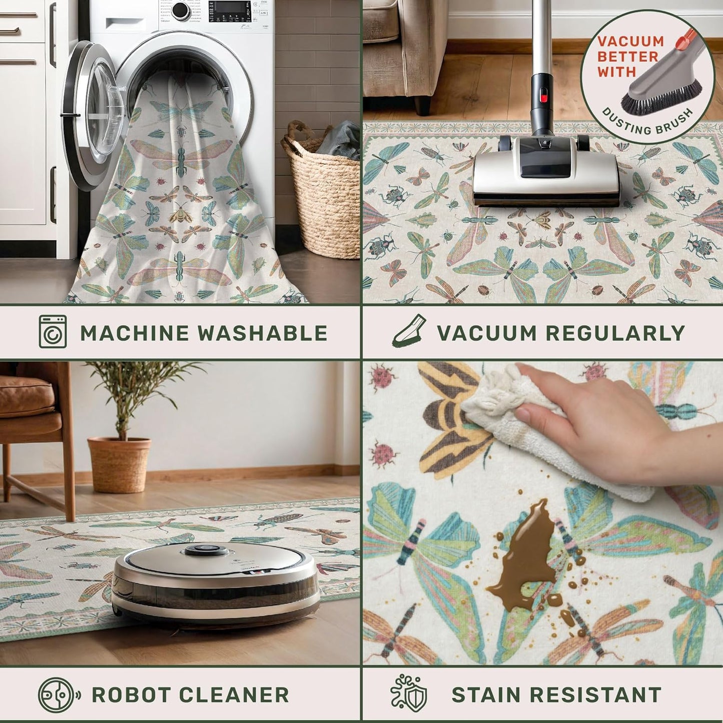 Washable Sage Green Large Entryway Rug, 3x5 Area Rugs for Laundry Room, Kitchen, Bedroom, Dorm, Insect Print Vintage Floral Non-Slip Throw Rug Low Pile Stain Resistance