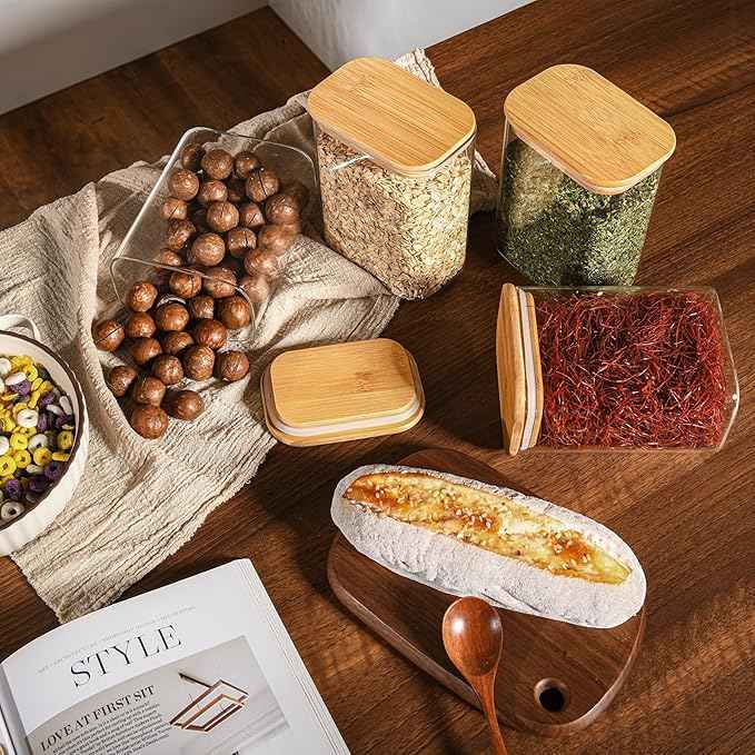 D2scrma 37oz Rectangle Airtight Glass Storage Containers with Bamboo Lids (Set of 6), Square Food Storage Jar, Pantry Organizers for Cereal, Nuts, Snacks and Coffee beans (‎with Black Lable)