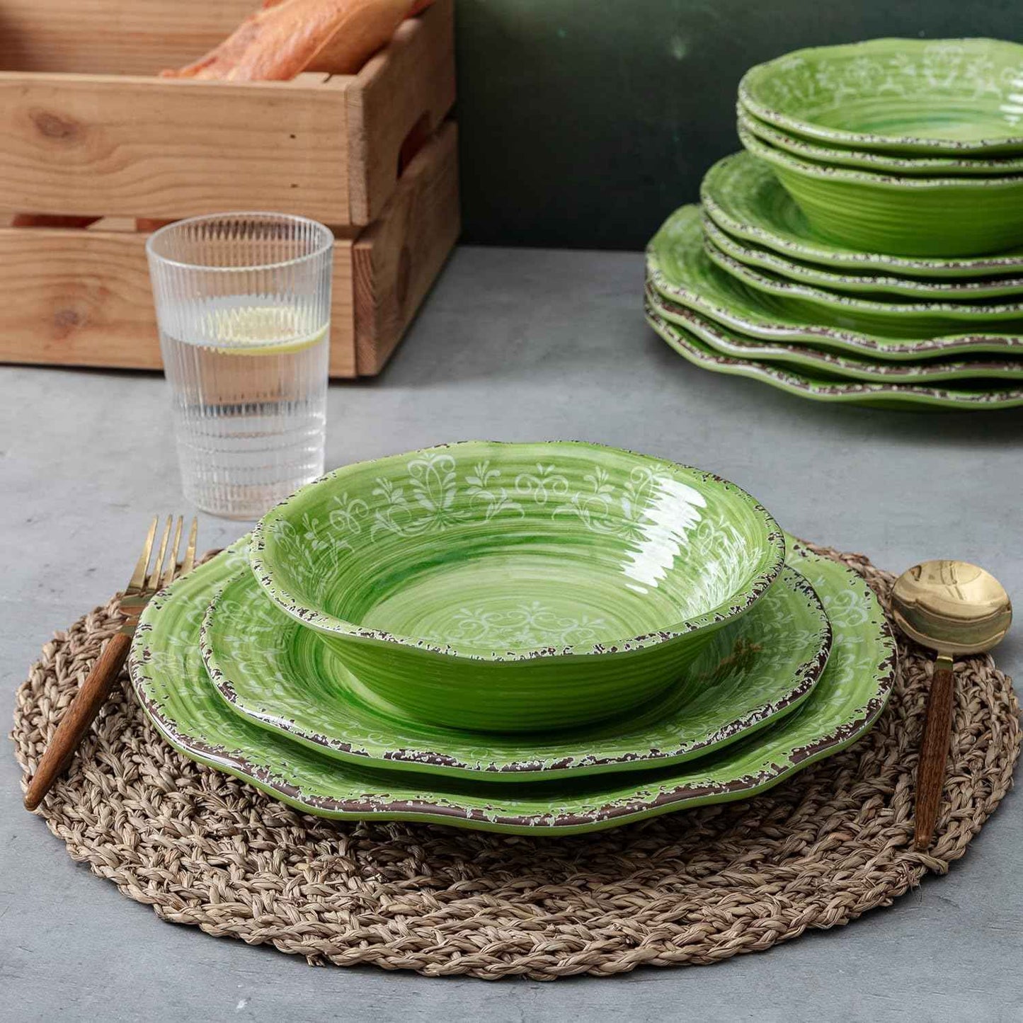 LEHAHA Unbreakable Melamine Dishes Dinnerware Sets, 12 Piece Luxury Thick but Lightweight Farmhouse Plates and Bowls Set for Spring Summer Picnic, RV, Camping & Everyday Use, Service for 4, Green