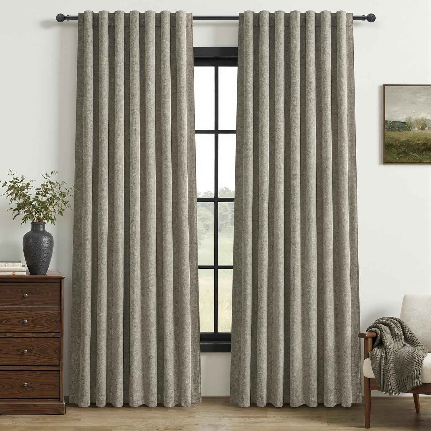 Grey Green Blackout Linen Curtains 90 Inches Long for Living Room/Bedroom, Pleated Window Track Heavy Curtain for winter with Pin Hooks Boho Dark Green Drapes Thermal Insulated (50"Wx90"Lx2Panels)