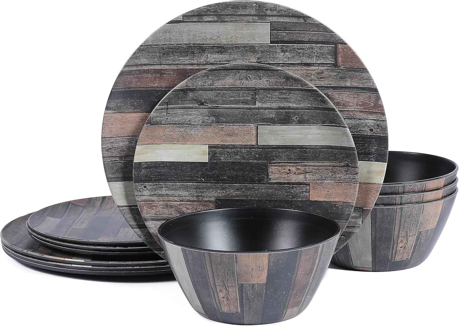 Webbylee Melamine Dinnerware Sets 12 Piece Wood Grain - Unbreakable Plates and Bowls, Lightweight Heavy Duty, Dishwasher Safe for Outdoor Camping Party Indoor Gift