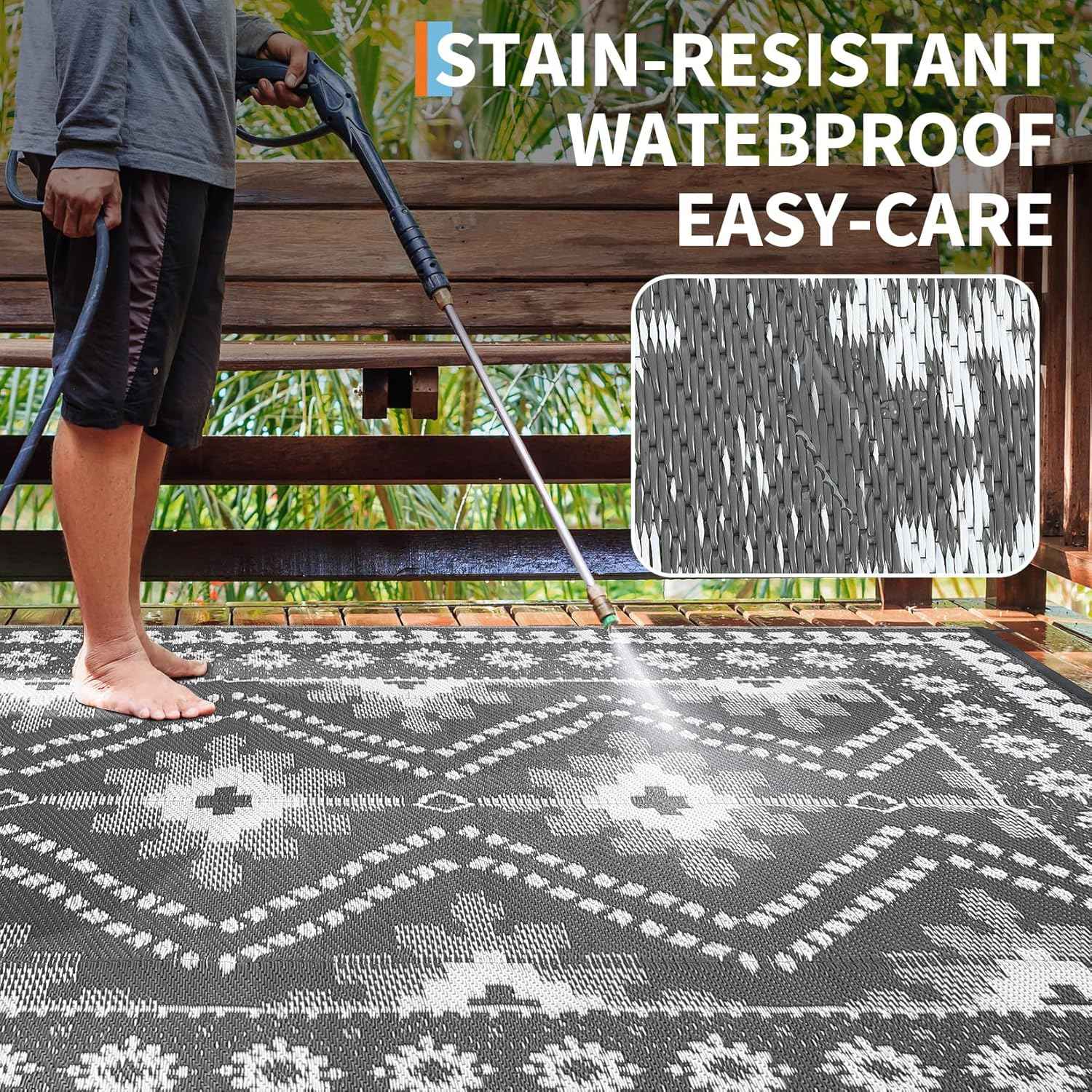 8x10 Gray Outdoor Rug, Waterproof Plastic Straw Reversible Ethnic Geometric Patio Mat, Symmetrical Tribal Pattern Washable RV Camping Carpet, Foldable Portable Deck Rug for Picnic Backyard