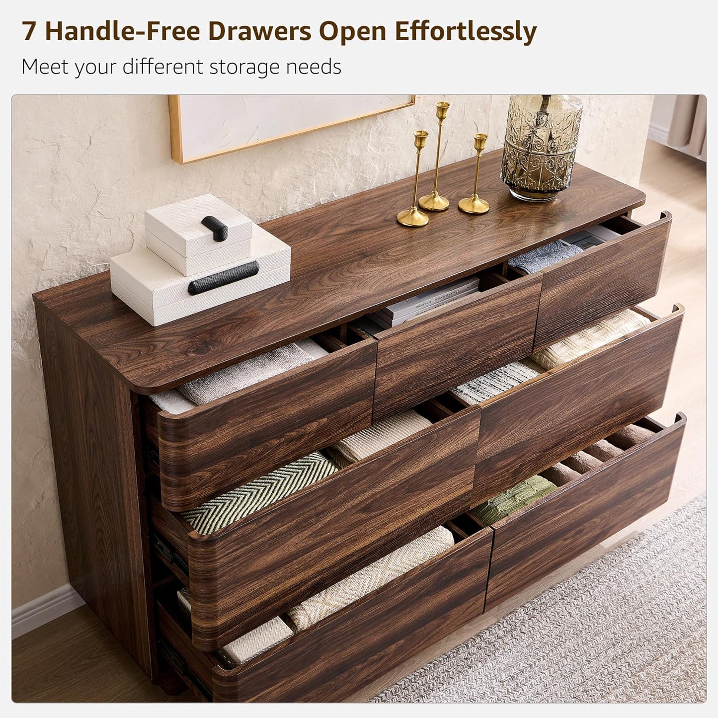 Modern 7 Drawer Dresser for Bedroom, 52" Wide Handleless Chest of Drawers, Push-to-Open Large Wood Storage, Dresser TV Stand for Bedroom, Living Room, Hallway, Curved Profile, Brown