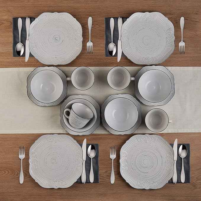 Pfaltzgraff Isabella 16-Piece Stoneware Dinnerware Set, Service for 4 - Handpainted Unique Glazed Finish - Includes Dinner Plates, Salad Plates, Bowls, Mugs - Dishwasher & Microwave Safe (Gray)