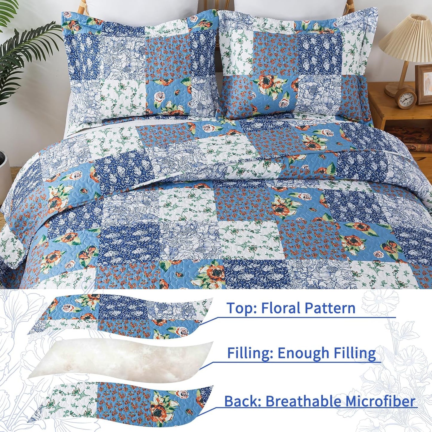 VAPUTAR Queen Size Quilt Set - Reversible Floral Queen Size Bedspreads with Wavy Edges - Lightweight Farmhouse Queen Quilt Bedding Sets for Bed Decorations, 3 Pieces