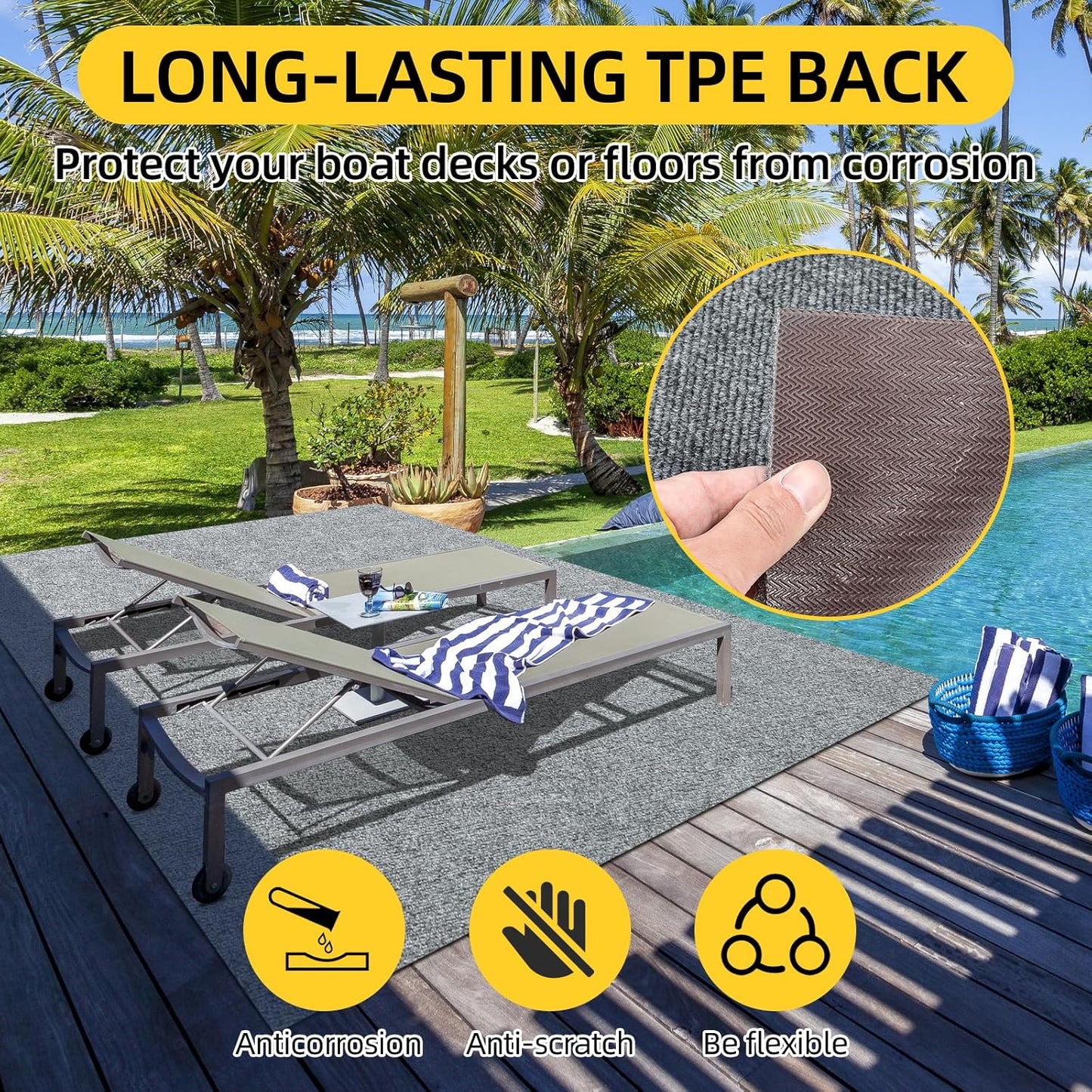 Marine Carpet,5 FT x 20 FT Smoke Gray Indoor Outdoor Carpet 0.2" Thick Boat Carpet with Water-Proof TPE Backing, Non-Slide Outdoor Marine Carpet Roll for Home, Patio, Porch, Deck