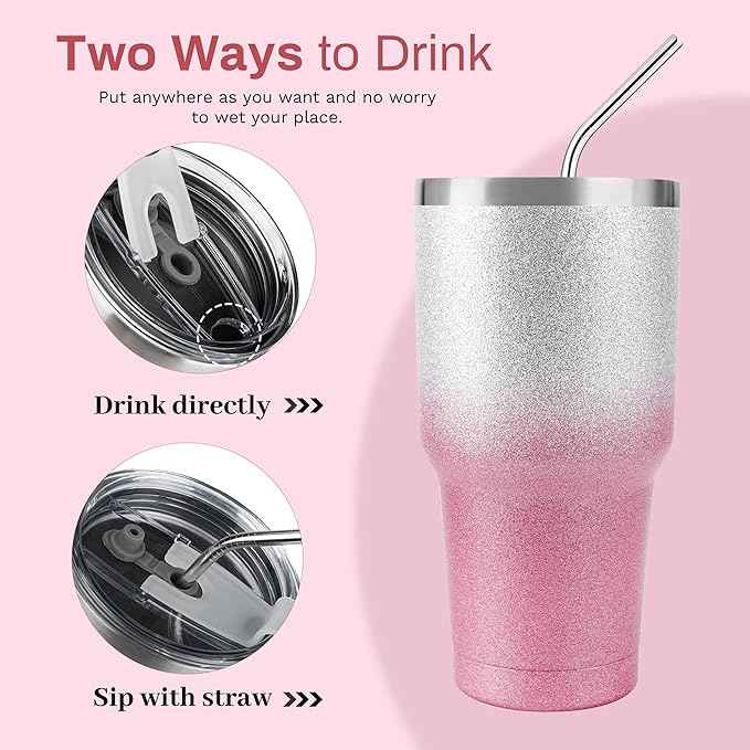 D·S 30 oz Tumbler Pink Glitter Gradient Cup Stainless Steel Double Wall Vacuum Insulated Mug with Straw and Lid, Cleaning Brush for Cold and Hot Beverages