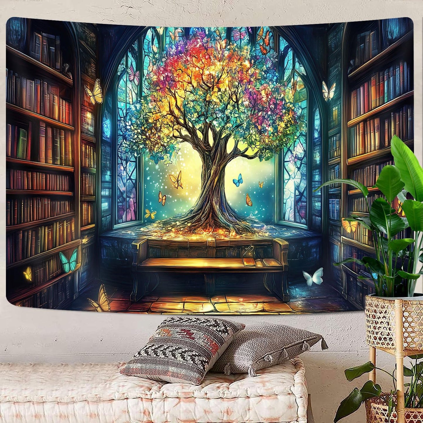 Mysterious Library Tapestry, Fantasy Enchanted Tree Magic Bookshelf Aesthetic Tapestries for Classroom, Witchy Fairy Tree Vintage Bookshelf Book Art Tapestry Wall Hanging College Room Bedroom, 60X40