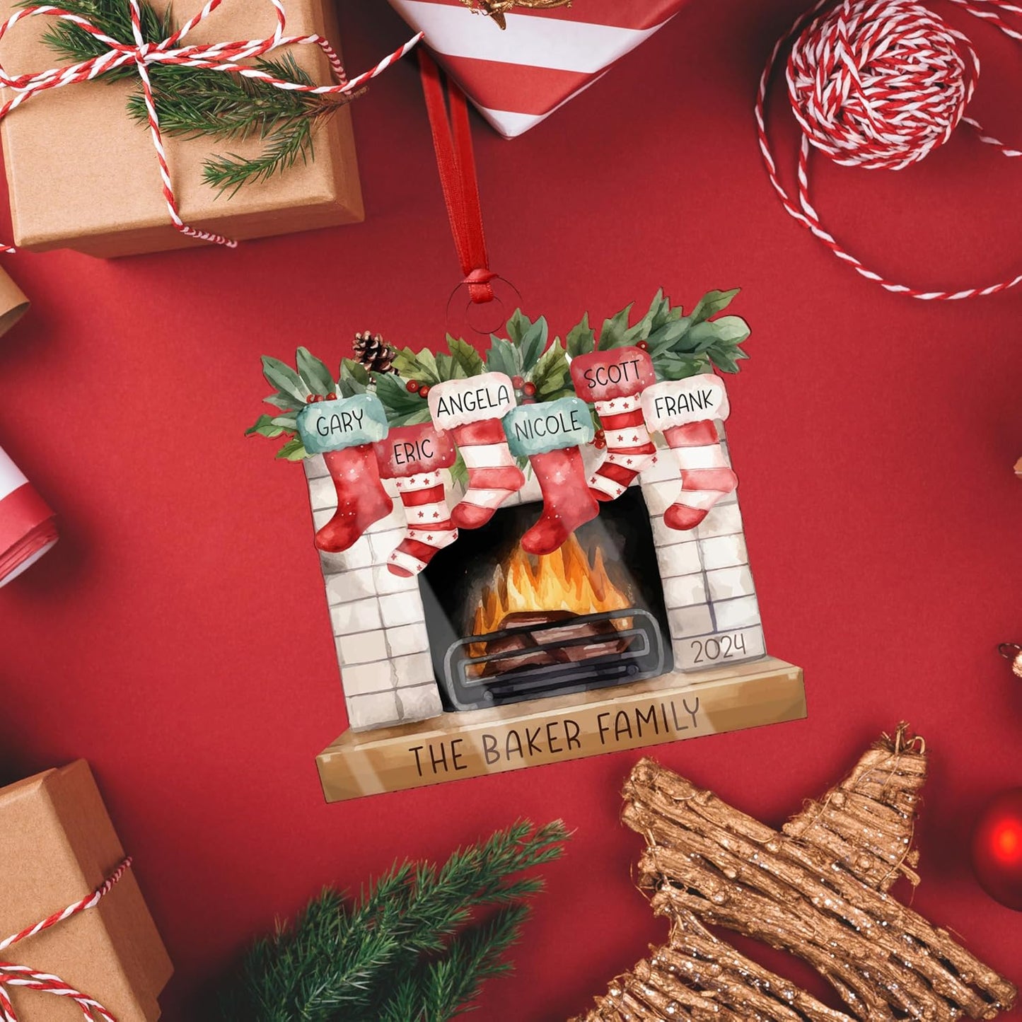 Christmas 2026 Family Ornaments Personalized - Up to 7 Names - Custom Fireplace Mantle Ornament w/Names, Family Christmas Tree Ornament, Personalized 2025 Xmas Ornaments
