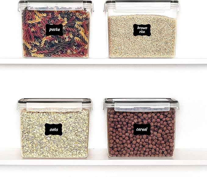 Vtopmart Food Storage Containers 3.3 quart / 3.6L, 4 Pieces BPA Free Plastic Airtight Canister for Flour, Sugar, Baking Supplies, with 4 Measuring Cups and 24 Labels,Black