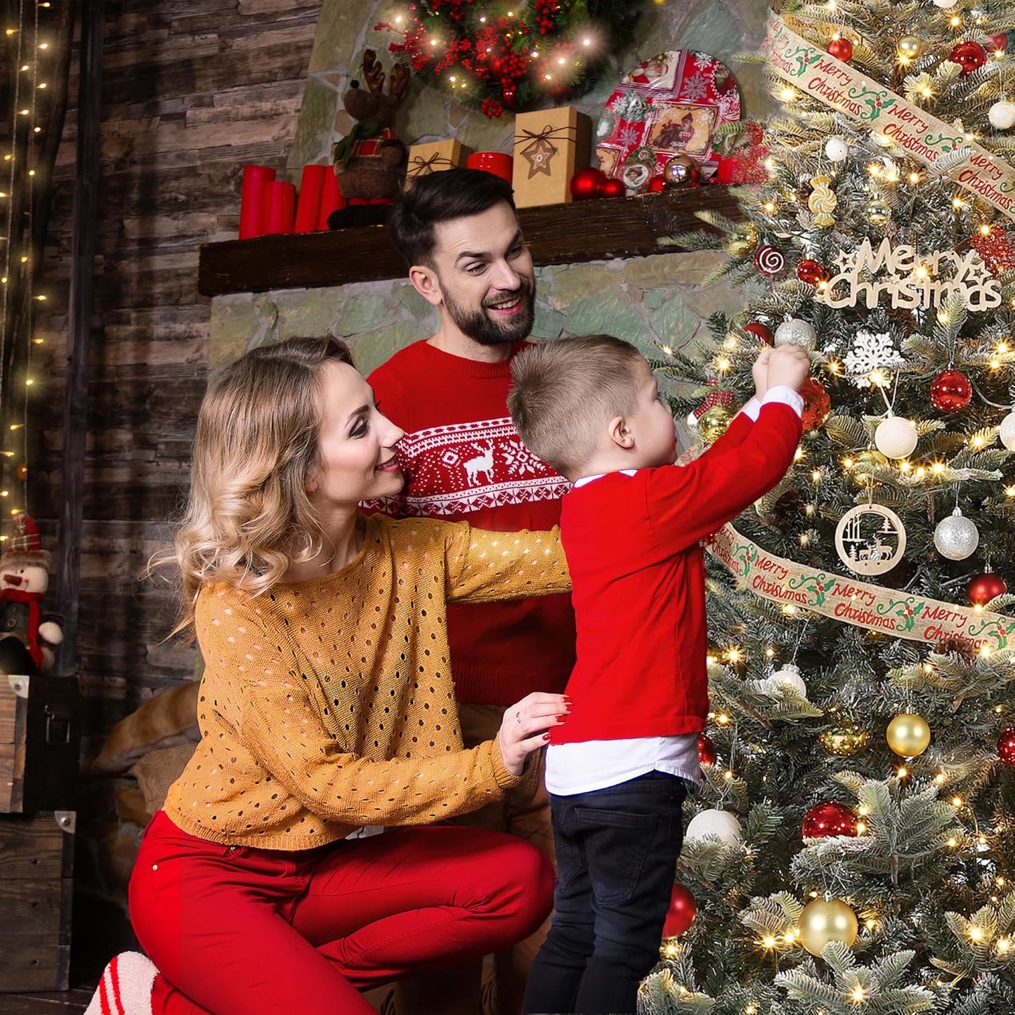 GarveeHome 6.5 FT Lighted Aspen Fir Christmas Tree,Flocked Green Artificial Christmas Tree with Warm White & Twinkle Lights for Indoor,Outdoor, Holiday Décor, Metal Hinges, Foldable Base