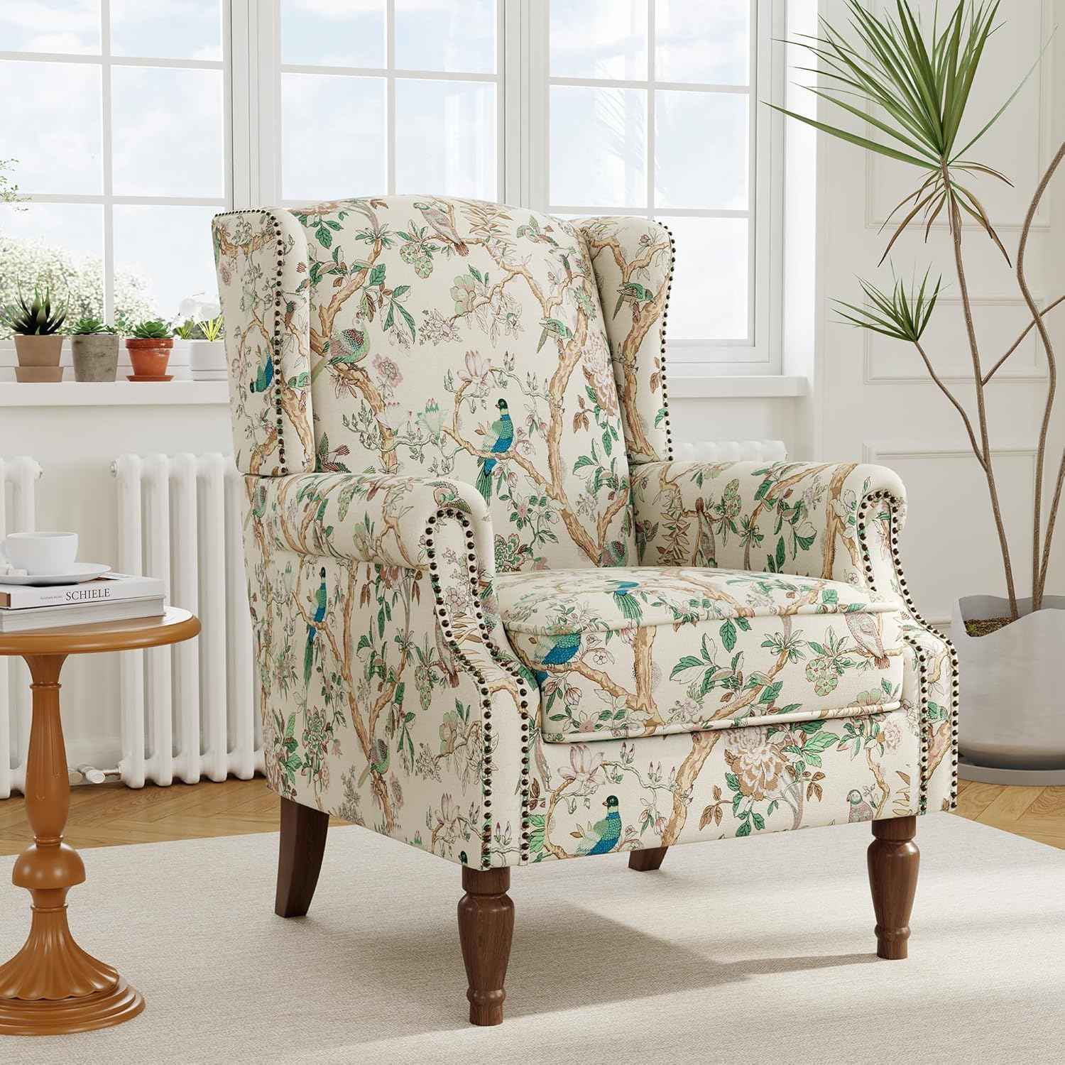 Floral High Back Accent Chair, Upholstered Armchair with Solid Wood Legs, Comfy Wingback Reading Single Sofa Chair for Small Spaces, Living Room, Bedroom(Floral Bird, Set of 1)